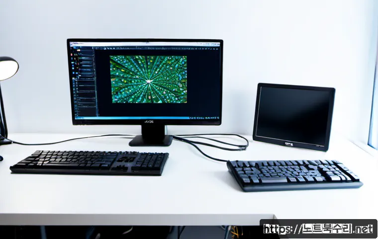 도일동 BOOTMGR is missing - Photorealistic IT support workstation in a compact industrial office near a Korean harbor district, ...