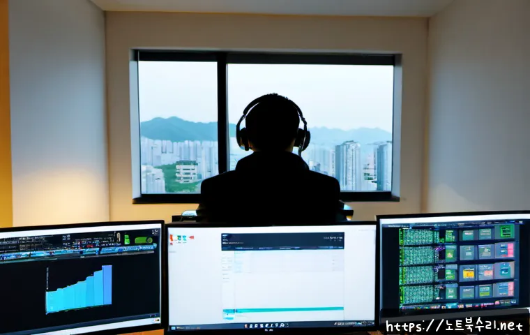 사노동 POOL_HEADER_CORRUPTION - Photorealistic remote IT support workstation in a compact Sano-dong office, dual monitors showing ab...