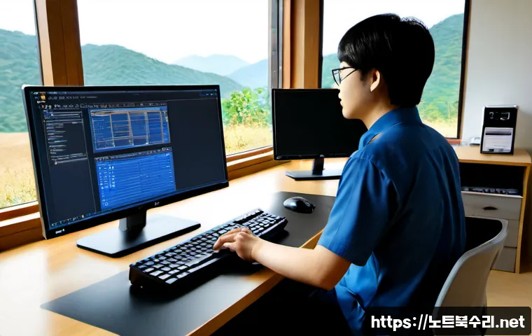강천면 SOFTWARE_EXCEPTION - Photorealistic software support workstation in a quiet rural Korean office, dual monitors showing a ...