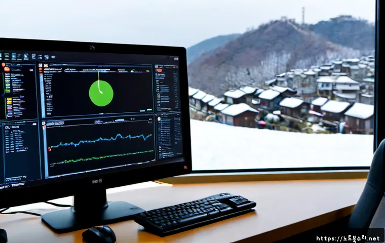청운효자동 STATUS_EXECUTION_TIMEOUT - Photorealistic remote support workstation in a quiet hillside Seoul home office, dual monitors showi...