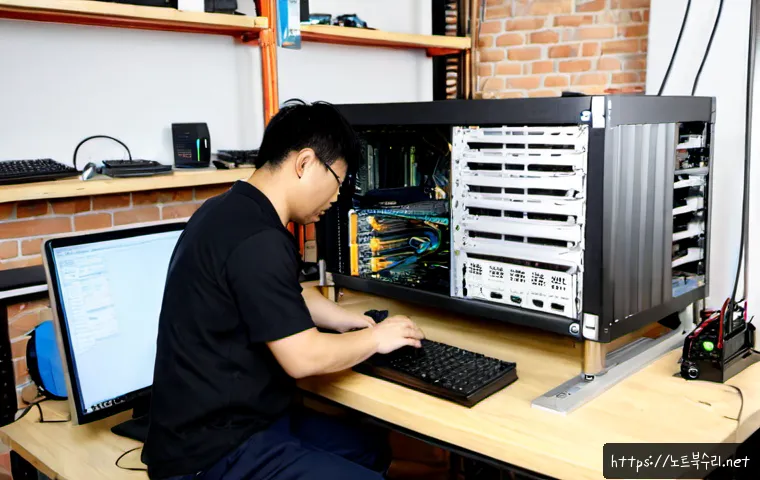 성수동 메모리조립 및 교체수리 - Photorealistic desktop computer repair bench in a modern Seongsu-dong loft workshop, technician care...