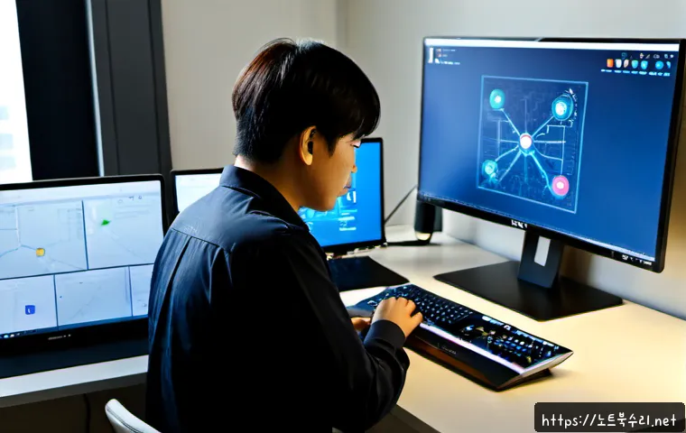 서구 신호없음 - Photorealistic desktop support scene in a quiet West District apartment office, an IT technician exa...