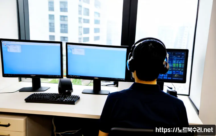 신곡동 STATUS_NETWORK_ACCESS_DENIED - Photorealistic IT support workstation in a compact Singok-dong apartment office, dual monitors showi...