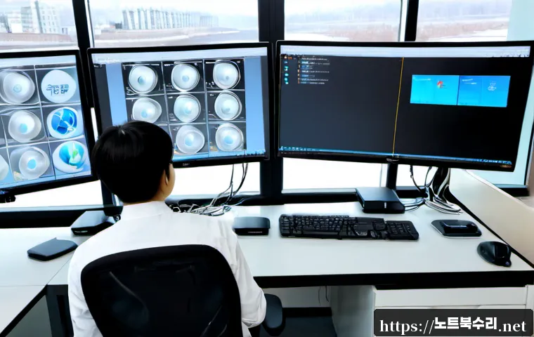 김포시 KERNEL_STACK_INPAGE_ERROR - Photorealistic engineering workstation in a modern Gimpo office, dual monitors showing a frozen abst...