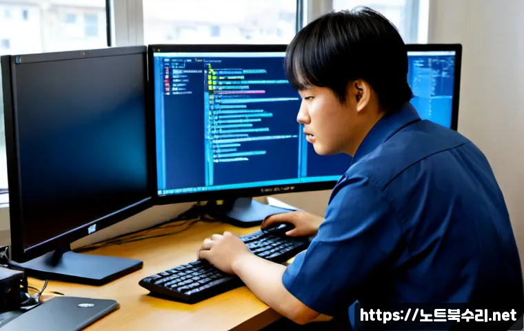 하갈동 linux재설치 포맷  초기화 - Photorealistic IT support workstation in a modest Hagal-dong office, technician reinstalling Linux o...