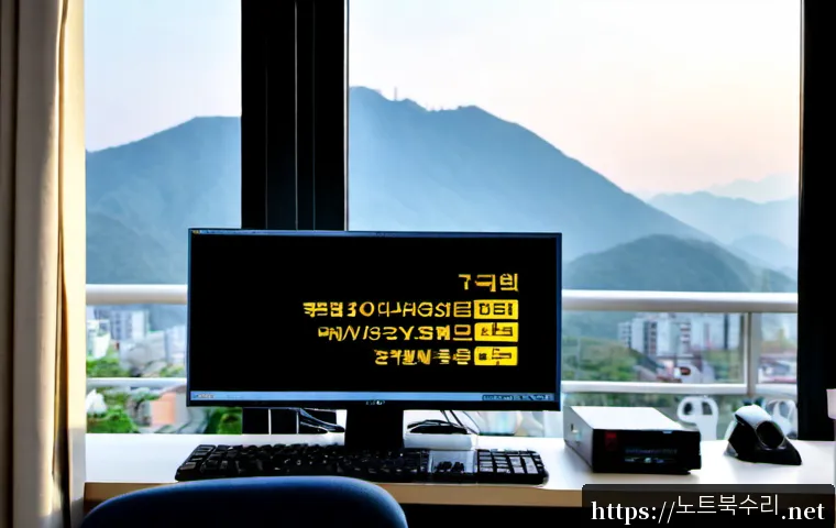 산본동 STATUS_KERNEL_MODULE_FAILURE - Photorealistic IT support workstation in Sanbon-dong, a desktop monitor showing a dark system recove...