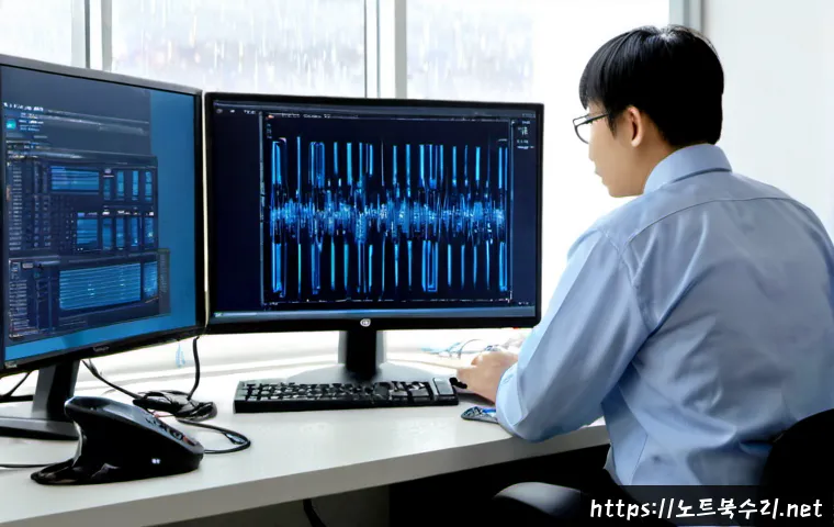 원시동 KERNEL_STACK_INPAGE_ERROR - Photorealistic remote IT support workstation in Wonsi-dong, dual monitors showing a frozen abstract ...