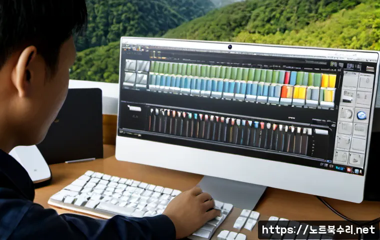 율동 f4키 누르라고 할때 - Photorealistic remote-support workstation in a modern office near Yuldong Reservoir, close-up of a l...