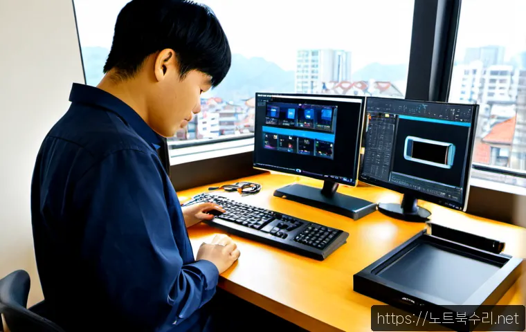 남가좌동 워크스테이션출장방문수리점 - Photorealistic remote-support technician repairing a high-end desktop workstation inside a compact N...