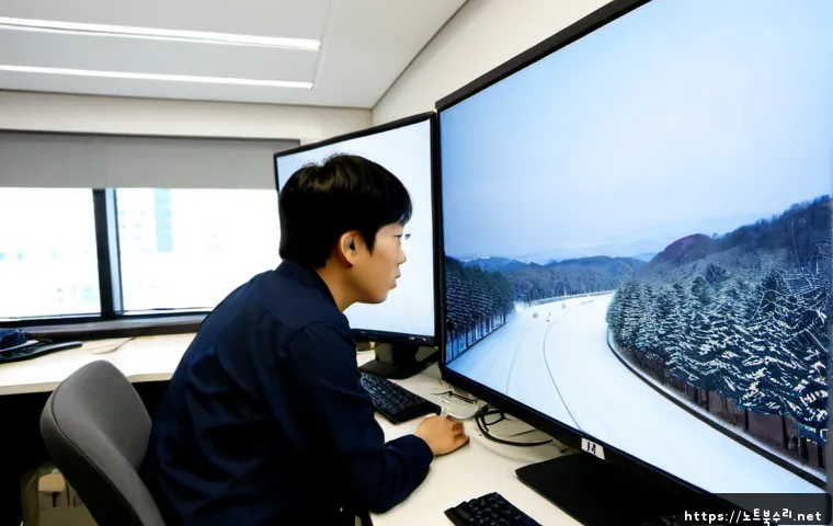 양재동 STATUS_EXECUTION_TIMEOUT - Photorealistic IT support workstation in Yangjae-dong, Seoul, showing a frustrated office engineer f...