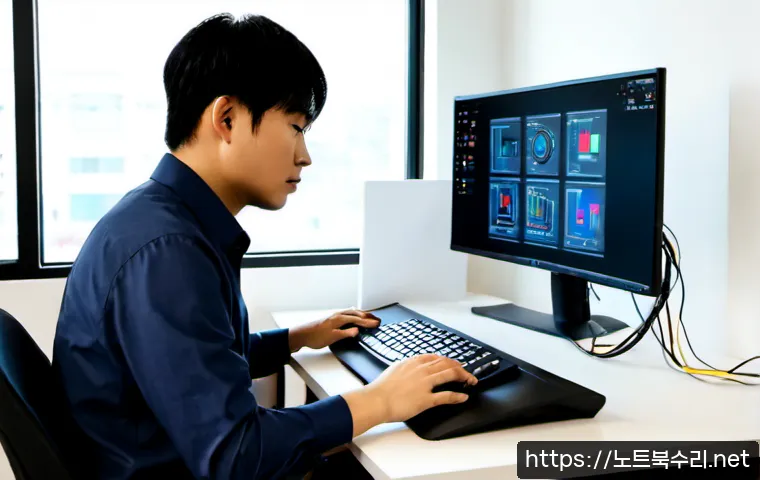 유림동 STATUS_KERNEL_THREAD_INTERRUPTED - Photorealistic modern workstation in a quiet Korean neighborhood office, dual monitors showing an ab...