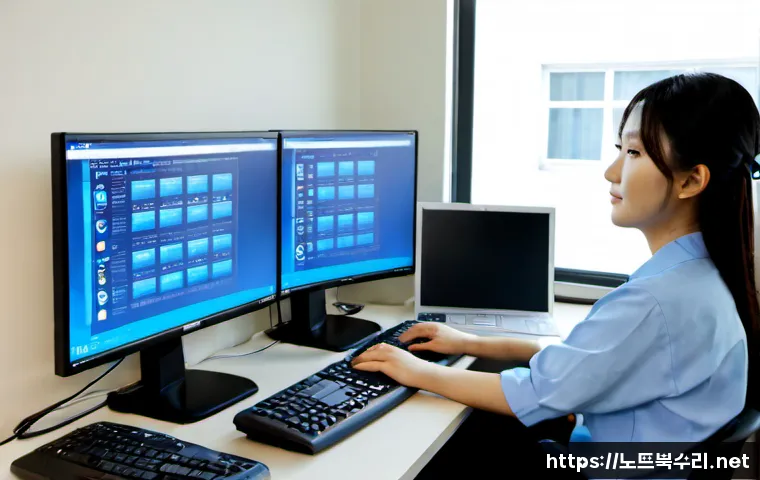 방축동 STATUS_KERNEL_RESOURCE_ERROR - Photorealistic IT support workstation in a quiet Korean suburban office, dual monitors showing abstr...