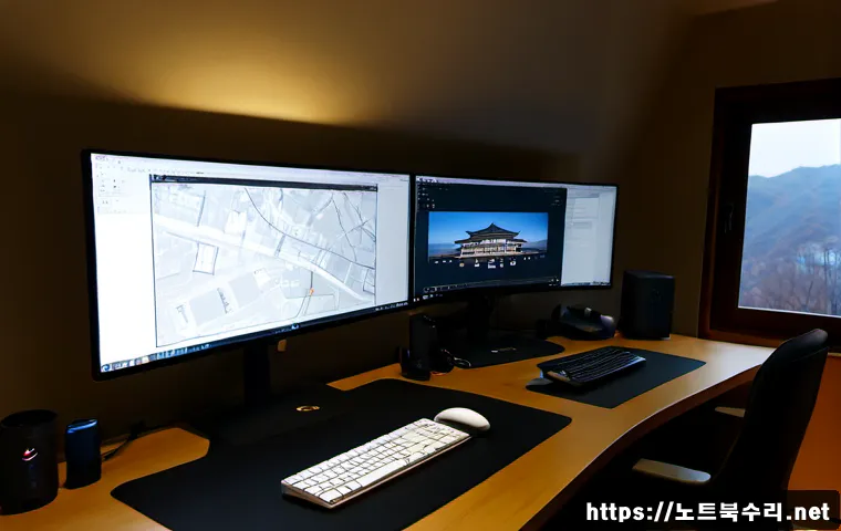 남산동 STATUS_SESSION_TIMEOUT - Photorealistic remote-support workstation in a compact Namsan-dong apartment office, dual monitors s...