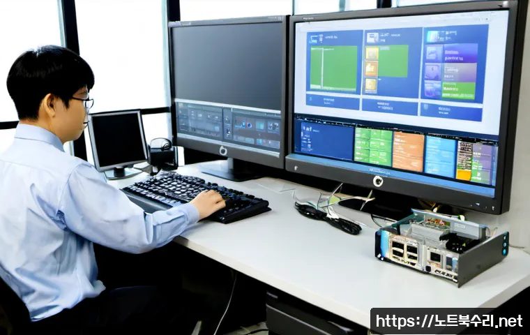 영북면 공장초기화복구 - Photorealistic industrial office workstation in a rural manufacturing area, remote support technicia...