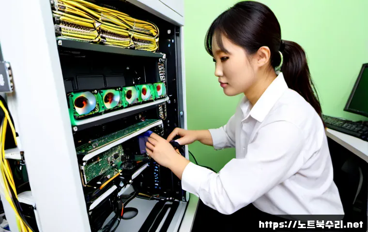 동산동 하드조립 및 교체수리 - Photorealistic computer repair workstation in Dongsan-dong, technician carefully installing a new gr...