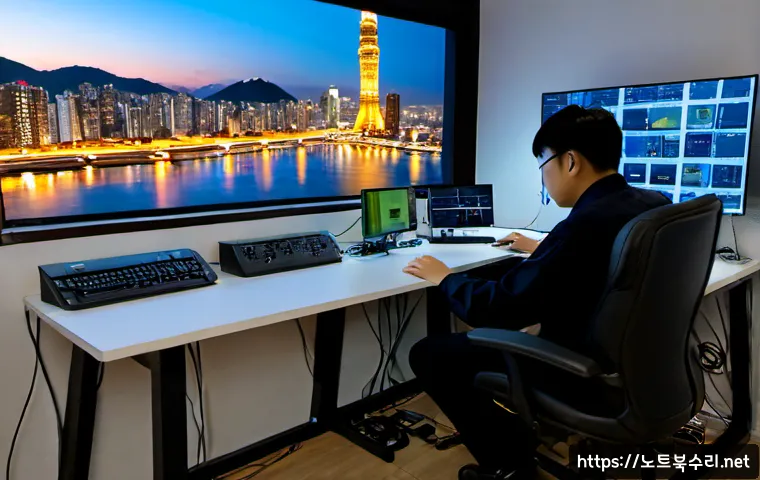 물왕동 본체 꺼졌다 켜졌다 할때 - Photorealistic remote-support workstation in a compact Mulwang-dong apartment office, desktop tower ...