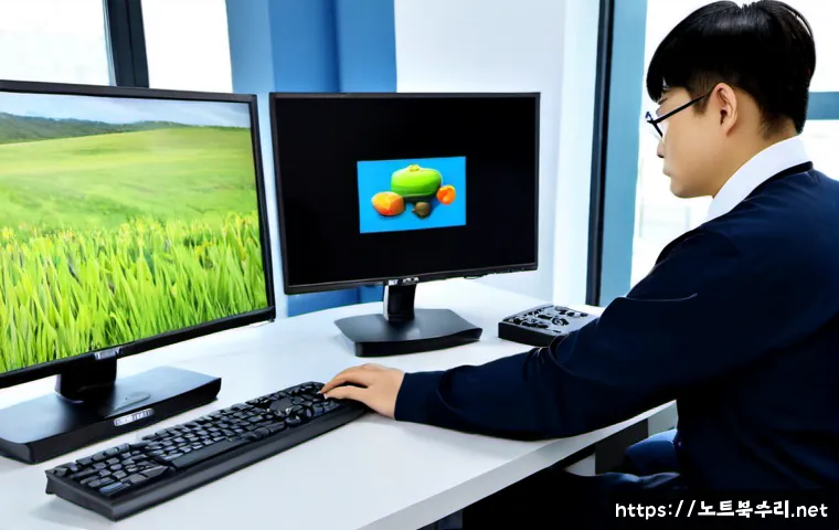평동 입력신호가 없습니다 - Photorealistic remote-support workstation in a Pyeongdong industrial office, dual monitors with one ...