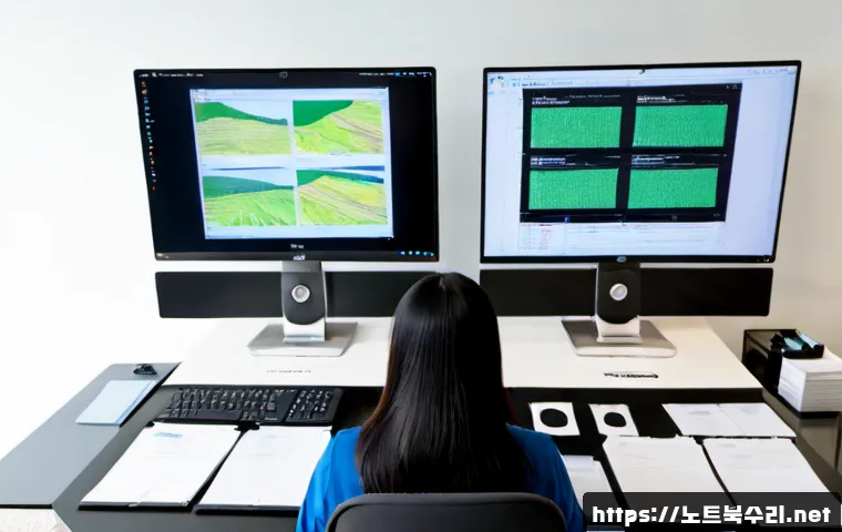 천왕동 CDFS_FILE_SYSTEM - Photorealistic IT support workstation in a modern apartment-office near Cheonwang-dong, dual monitor...
