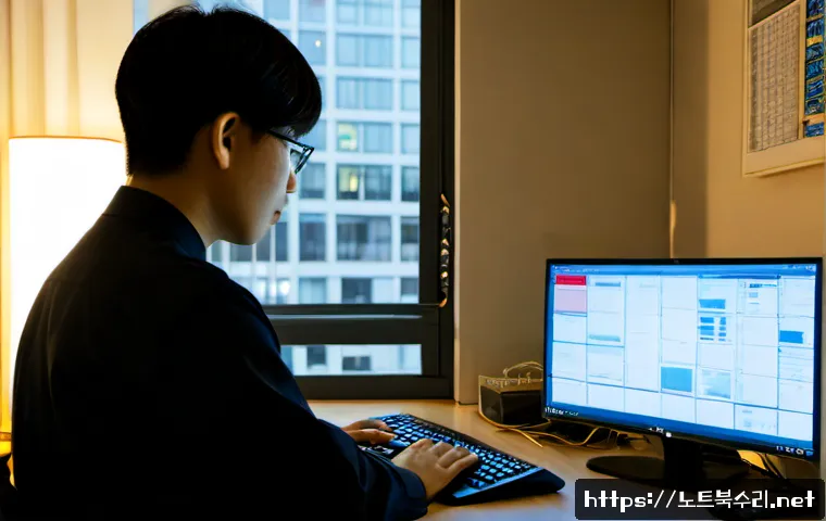 저동 STATUS_KERNEL_MODULE_ACCESS_DENIED - Photorealistic IT technician at a compact workstation in Jeodong, Seoul, studying a desktop monitor ...