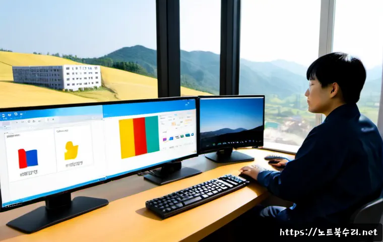 향남읍 STATUS_INVALID_THREAD - Photorealistic remote-support workstation in a quiet Korean township office, IT specialist examining...