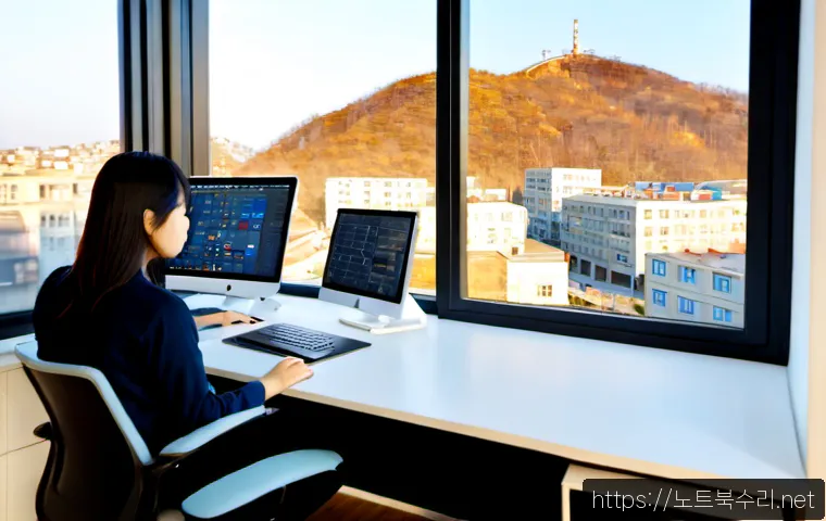 마천동 STATUS_IMAGE_NOT_FOUND - Photorealistic compact architecture studio in a hillside neighborhood, designer working at a dual-mo...
