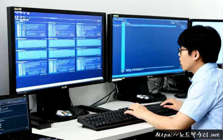 대장동 BAD_POOL_CALLER - Photorealistic IT support workstation in a modern Pangyo-area office, desktop computer showing a bla...