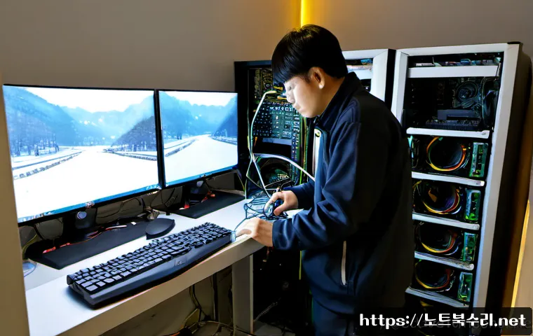 용답동 하드조립 및 교체수리 - Photorealistic computer repair workstation in a compact Yongdap-dong electronics shop, technician in...