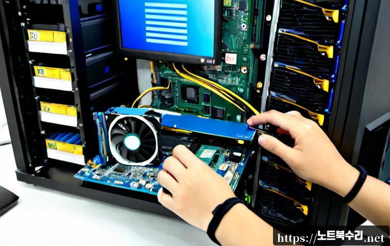 성곡동 그래픽카드조립 및 교체수리 - Photorealistic computer repair workstation in a compact industrial-district service shop, technician...