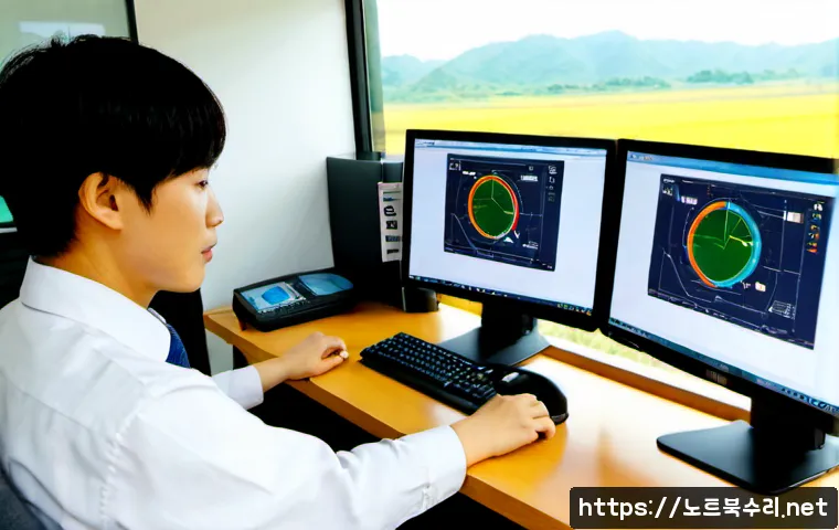 송해면 STATUS_IMAGE_NOT_FOUND - Photorealistic remote-support workstation in a quiet rural Korean township office, dual monitors sho...