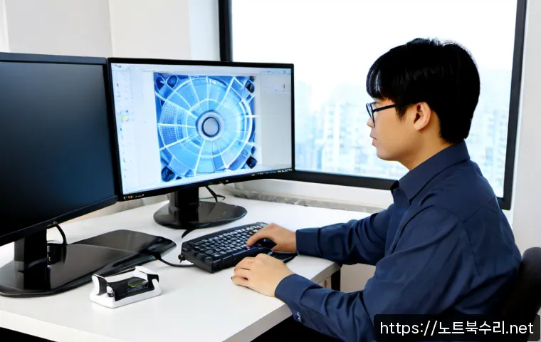 호계동 THREAD_STUCK_IN_DEVICE_DRIVER - Photorealistic IT technician at a dual-monitor workstation in a compact Hogye-dong office, diagnosin...