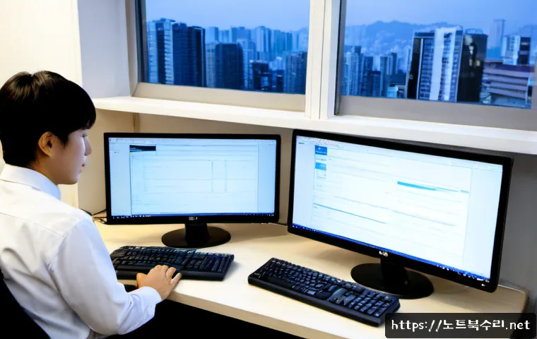 초일동 STATUS_KERNEL_MODULE_INVALID - Photorealistic IT support workstation in a quiet Seoul suburban office, dual monitors showing abstra...