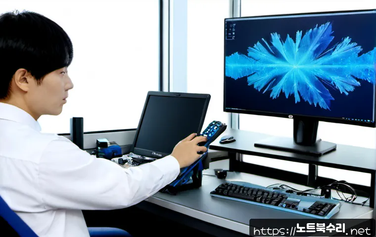 정남면 THREAD_STUCK_IN_DEVICE_DRIVER - Photorealistic remote-support workstation in a small industrial office near Jeongnam-myeon, dual mon...