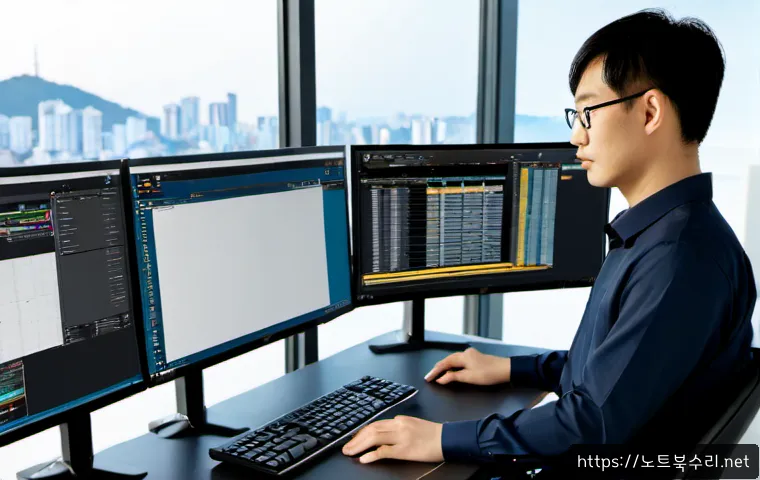 개봉동 STATUS_PRIVILEGED_INSTRUCTION - Photorealistic remote support specialist at a dual-monitor workstation, resolving a complex unbrande...