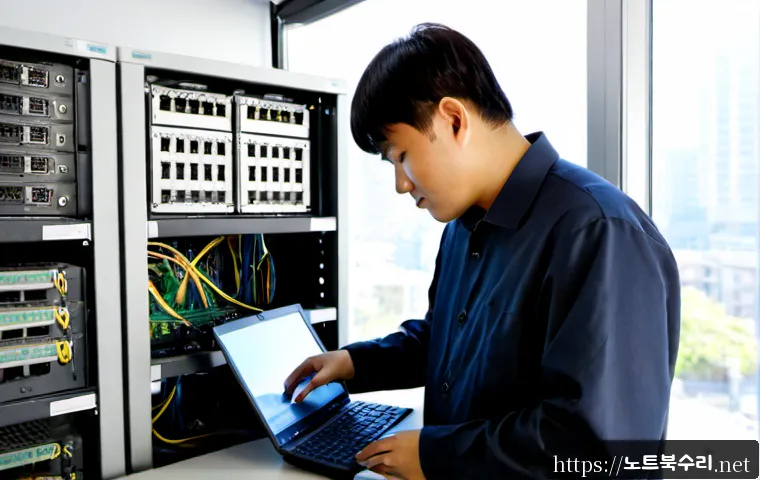 멱곡동 ftp서버출장방문수리점 - Photorealistic on-site FTP server repair in a compact neighborhood office, technician connecting a d...