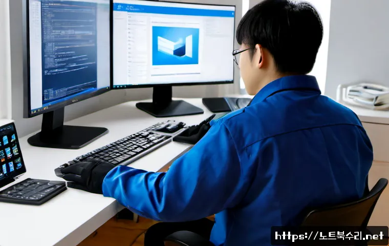 불현동 컴퓨터멈춤 - Photorealistic remote-support technician diagnosing a frozen desktop workstation in a compact Bulhye...
