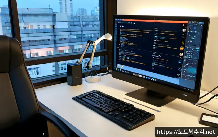 효자동 STATUS_KERNEL_POWER_FAILURE - Photorealistic desktop workstation in a quiet Hyoja-dong apartment office at blue hour, dual blank m...