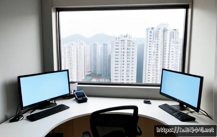 감일동 DPC_WATCHDOG_VIOLATION - Photorealistic compact workstation in a modern Gamildong apartment study, dual monitors showing a bl...