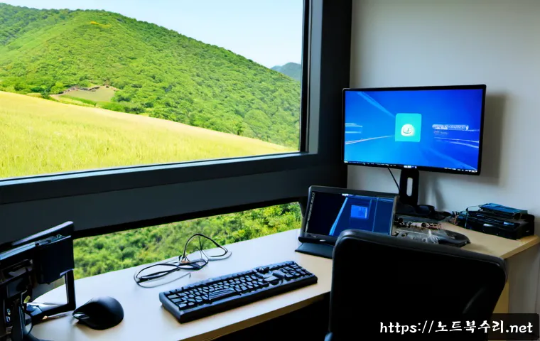 보개면 KMODE_EXCEPTION_NOT_HANDLED - Photorealistic IT support workstation in a quiet semi-rural Korean office, desktop monitor showing a...