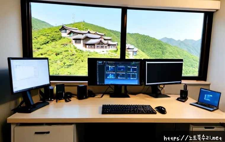 옥인동 STATUS_KERNEL_CONNECTION_TIMEOUT - Photorealistic remote-support workstation in a quiet hillside neighborhood office, dual monitors sho...
