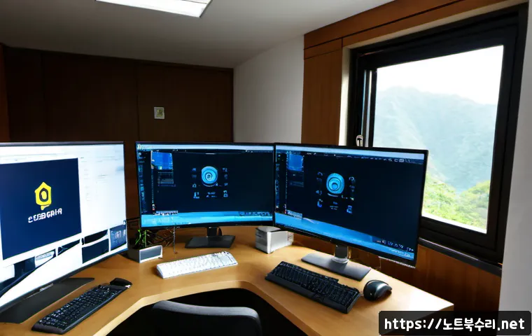 창성동 STATUS_INVALID_CALLER - Photorealistic IT support workstation in a compact Changseong-dong studio office, dual monitors show...