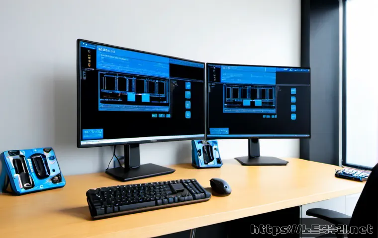 목동동 MACHINE_CHECK_EXCEPTION - Photorealistic dual-monitor engineering workstation in a modern Mokdong-dong apartment office, one d...