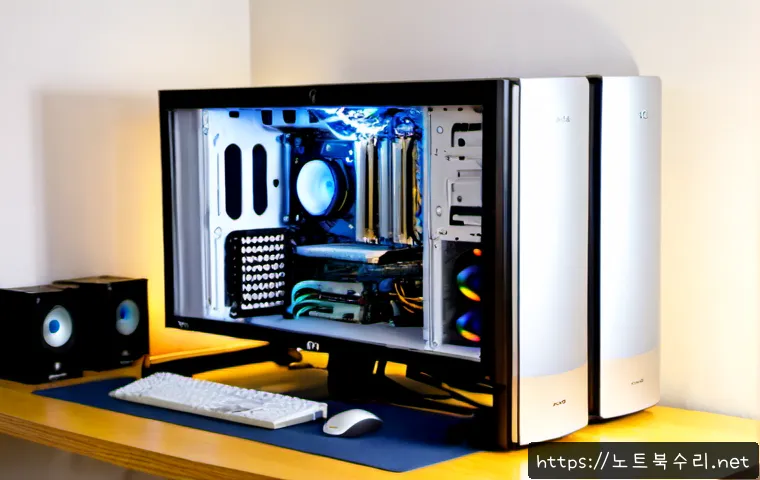 사송동 오버클럭 뚜따 - Photorealistic high-end desktop workstation in a compact Saseong-dong apartment office, open PC case...
