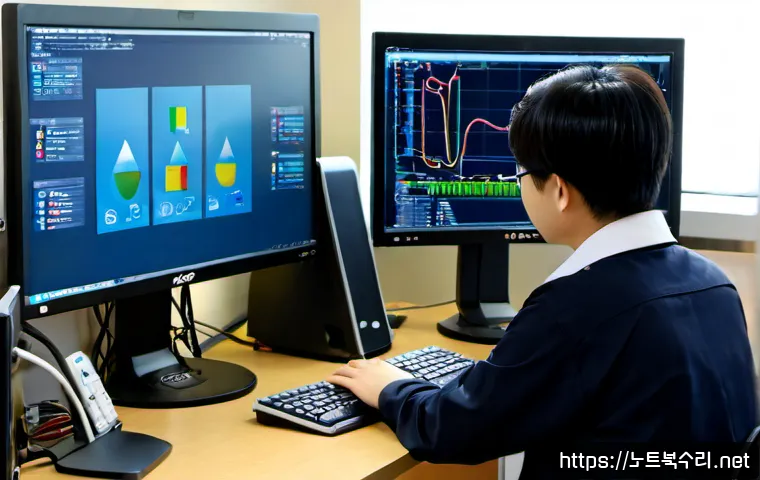 대덕동 STATUS_RESOURCE_NOT_OWNED - Photorealistic IT support workstation in a modern Daedeok-dong office, dual monitors showing abstrac...