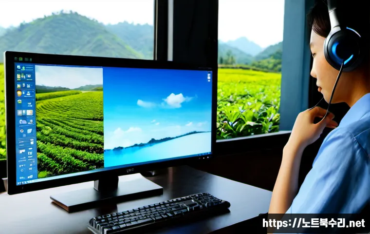 하동 STATUS_KERNEL_STACK_CORRUPTION - Photorealistic remote-support workstation in a quiet Hadong tea-farm office, desktop monitor showing...