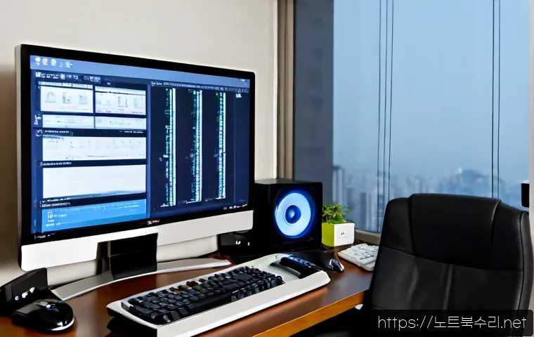 감이동 STATUS_PAGEFILE_MISSING - Photorealistic remote-support workstation in a quiet Gami-dong apartment, dual monitors showing a bl...