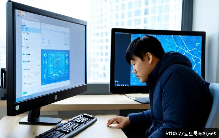 벌음동 HAL_INITIALIZATION_FAILED - Photorealistic IT support workstation in a compact Beoreum-dong office, dual monitors showing a froz...
