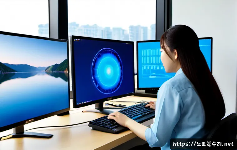 잠실동 SYSTEM_THREAD_EXCEPTION_NOT_HANDLED - Photorealistic IT support workstation in a modern Jamsil apartment office, dual monitors showing abs...