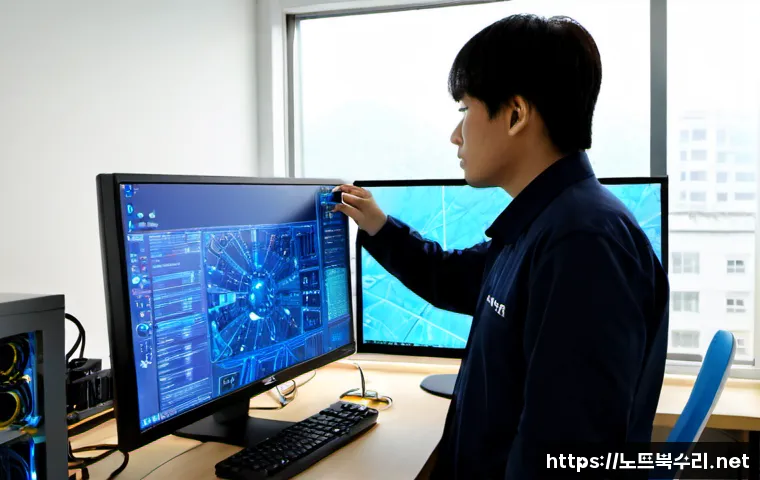 창천동 STATUS_KERNEL_DATA_CORRUPTION - Photorealistic IT support workstation in a compact Changcheon-dong apartment office, dual monitors s...