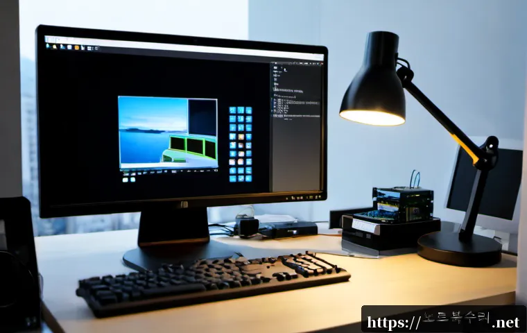 논현고잔동 STATUS_DISK_READ_FAILURE - Photorealistic workstation in a compact Nonhyeon-Gojan-dong design studio, silent desktop computer o...
