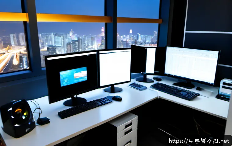 풍동 NMI_HARDWARE_FAILURE - Photorealistic IT support workstation in a modern Korean office, desktop tower opened beside a wide ...